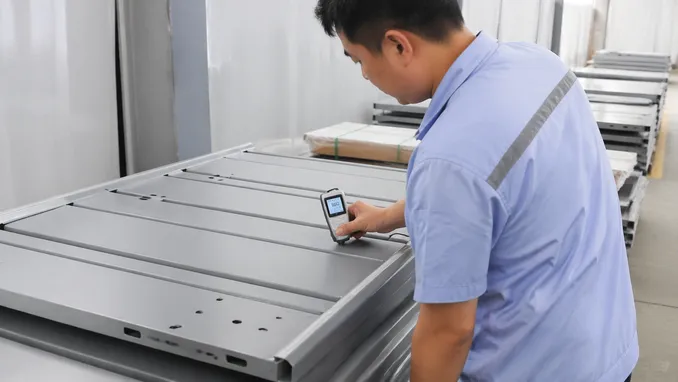 EUWOO quality control inspector checking powder coating film thickness with digital gauge