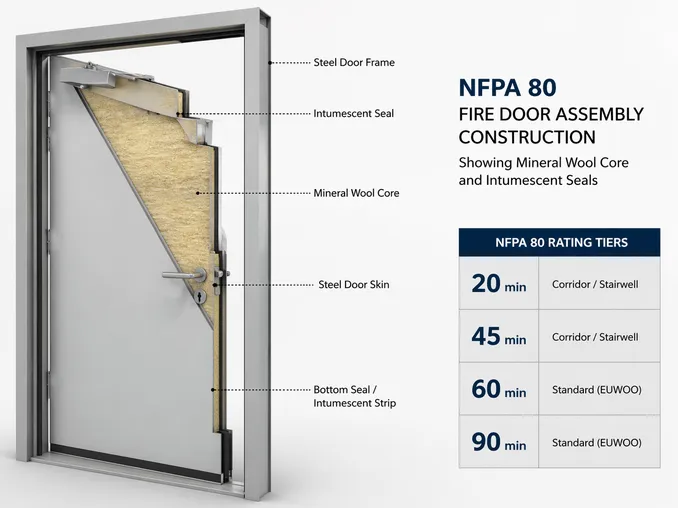 NFPA 80 fire door assembly construction showing mineral wool core and intumescent seals