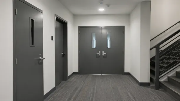 Fire-rated hollow metal doors in commercial office and mixed-use development corridors