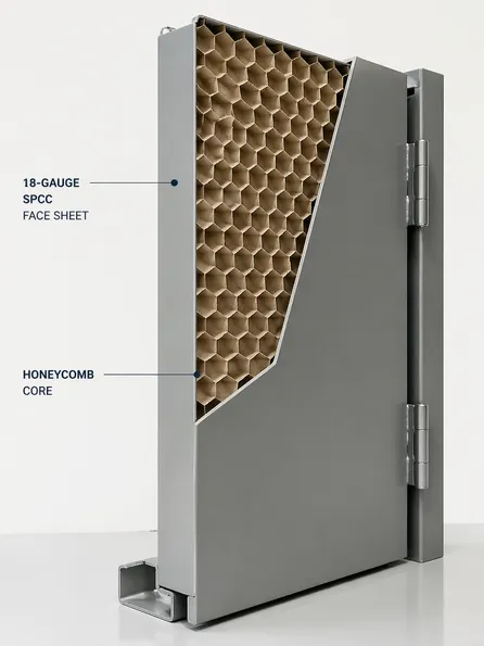 Hollow metal commercial door cross-section showing 18-gauge SPCC face sheet and honeycomb core construction