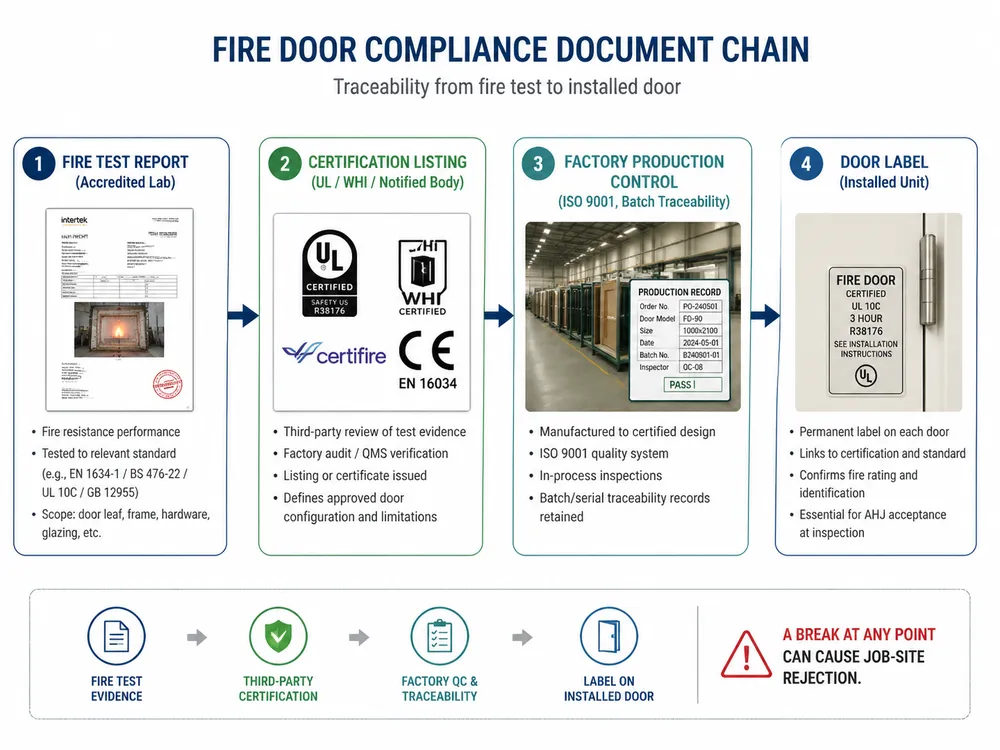 Flowchart showing the fire door compliance document chain from fire test report through certification listing to production label and factory QC records