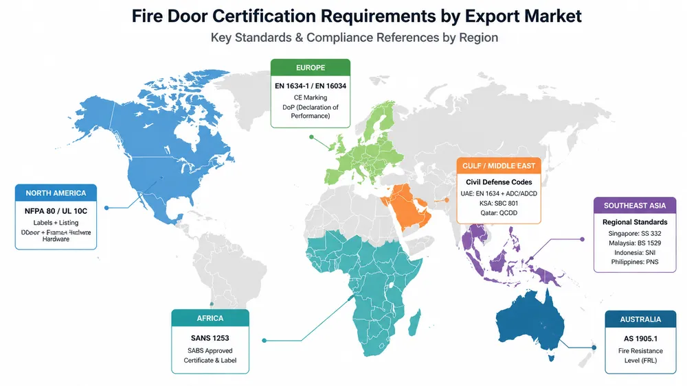 Overview diagram showing fire door certification standards mapped to major export markets including North America, Europe, Gulf, Southeast Asia, Africa, and Australia
