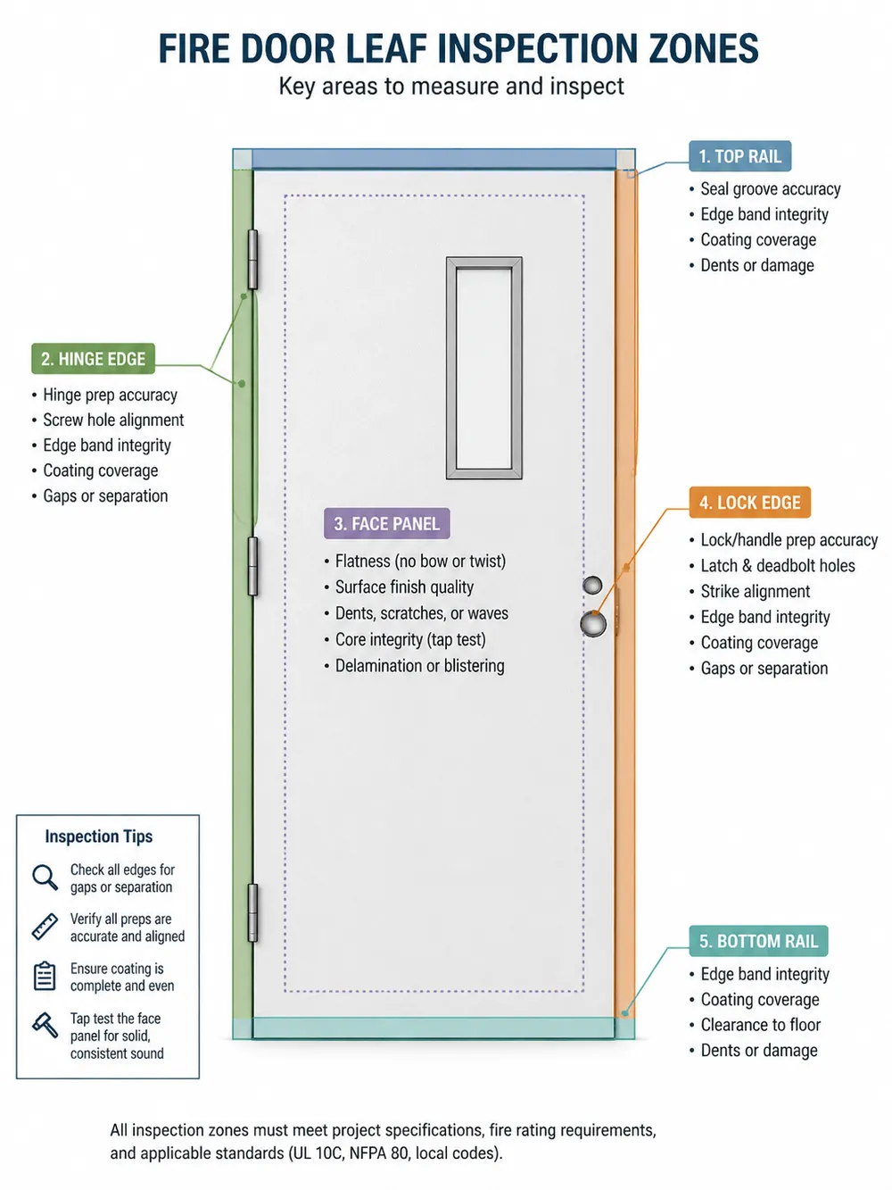 Diagram showing fire door leaf inspection zones including face, edges, top rail, bottom rail, hinge prep, and lock prep areas