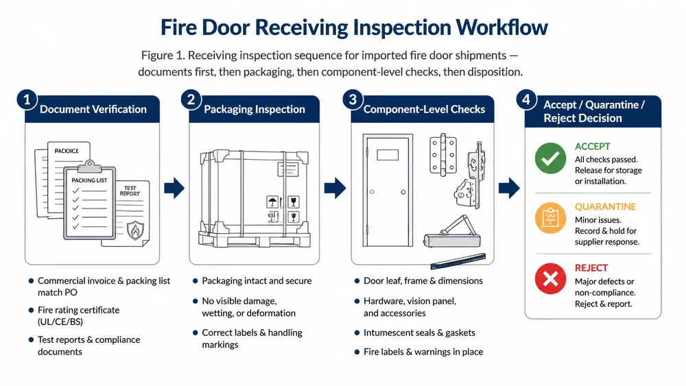 Fire door receiving inspection workflow showing document check, packaging check, component inspection, and accept or reject decision