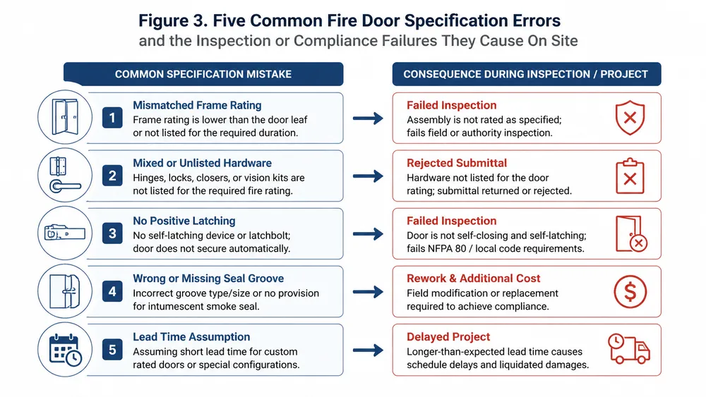 Flowchart showing common fire door specification mistakes and their consequences during inspection
