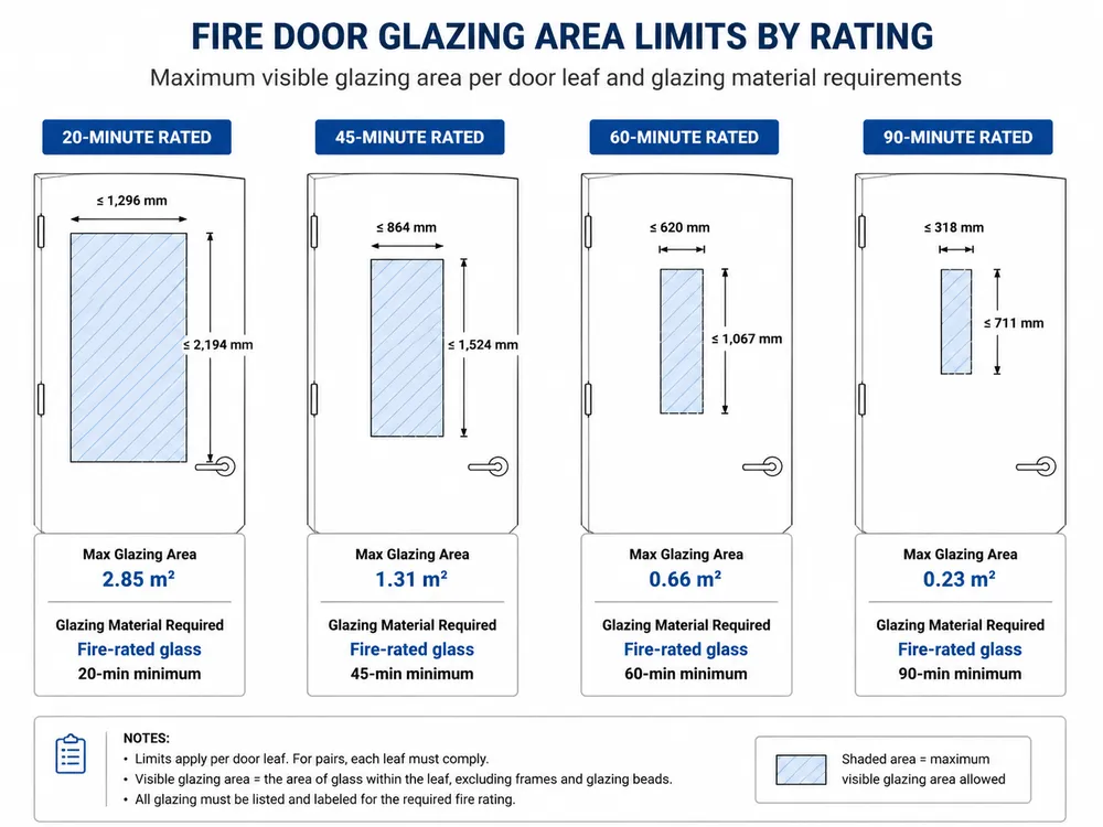 Diagram showing maximum glazing area allowed in fire doors at 20, 45, 60, and 90-minute ratings