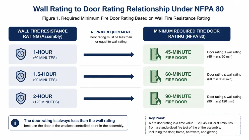 Chart showing the relationship between wall fire resistance ratings and required fire door ratings under NFPA 80