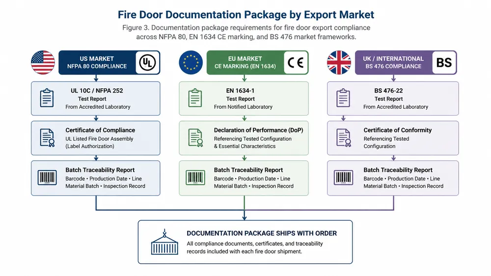 Flowchart showing fire door compliance documentation requirements for US NFPA, EU CE marking, and BS 476 export markets