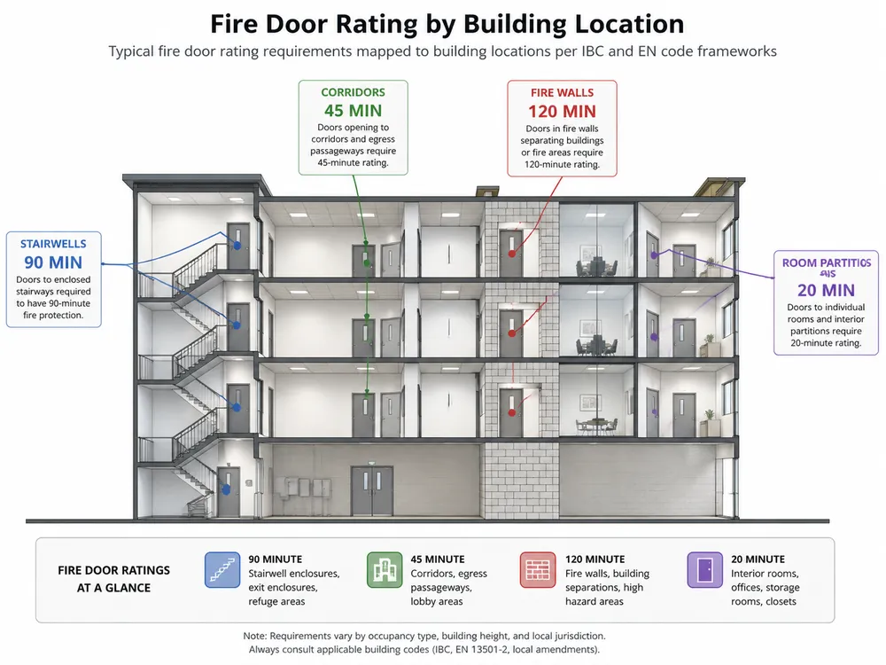 Diagram showing fire door rating requirements by building location including stairwells, corridors, and fire walls