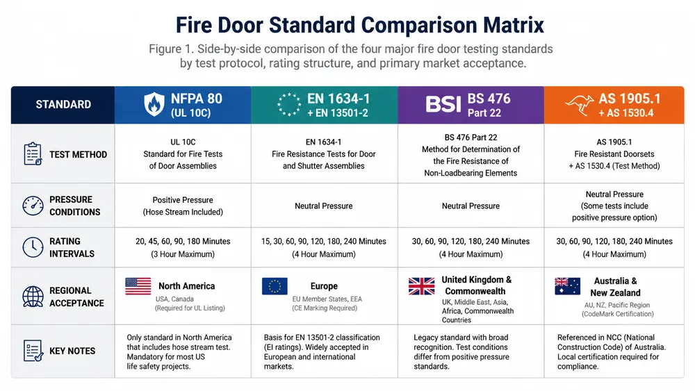 Comparison matrix of NFPA 80, EN 1634, BS 476, and AS 1905 fire door standards showing test method, rating intervals, and regional acceptance