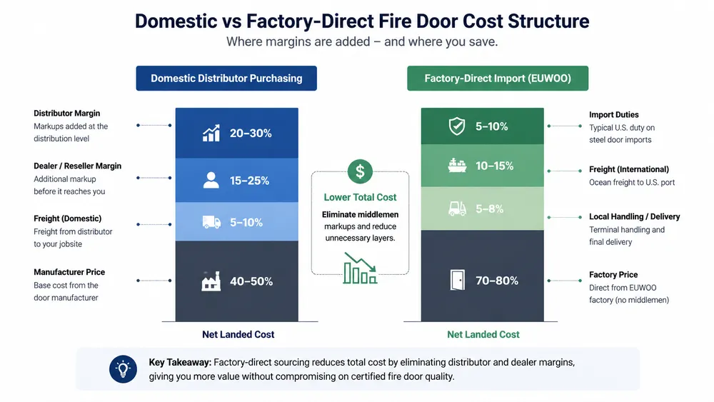 Cost structure comparison between domestic distributor fire door purchasing and factory-direct import sourcing