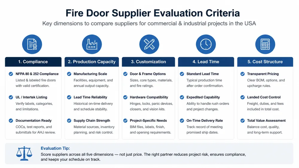 Evaluation criteria framework for comparing fire door suppliers in the USA including compliance, capacity, customization, and lead time