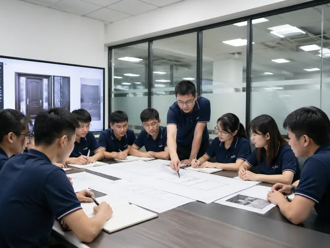 EUWOO in-house R&D engineering team reviewing custom door specifications for OEM and private-label programs