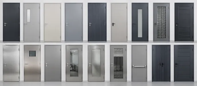 EUWOO steel door product line — standard panels, industrial-gauge, stainless, glass-insert, grill, and architectural profiles