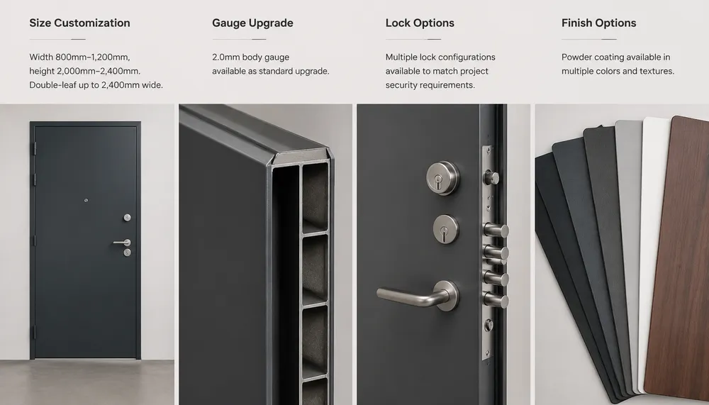 EUWOO heavy duty security door customization options — size, gauge, lock, finish