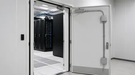 Heavy duty security door with access control pre-wiring for data center server room access point