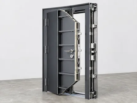 Heavy duty security door cross-section showing 1.5mm steel body, internal reinforcement channel frame, and multi-point lock hardware