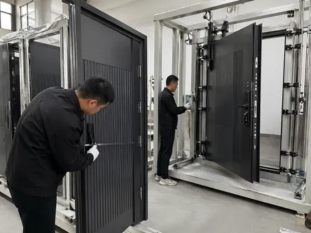 EUWOO factory quality inspection process for security doors — dimensional check and cycle testing